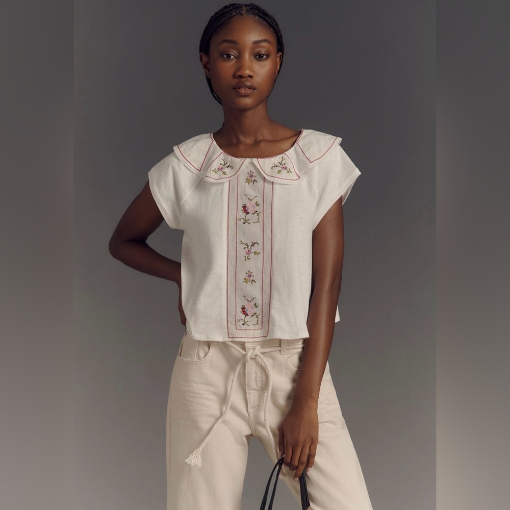 By Anthropologie Embellished Collared Top NWOT size SMALL embroidered